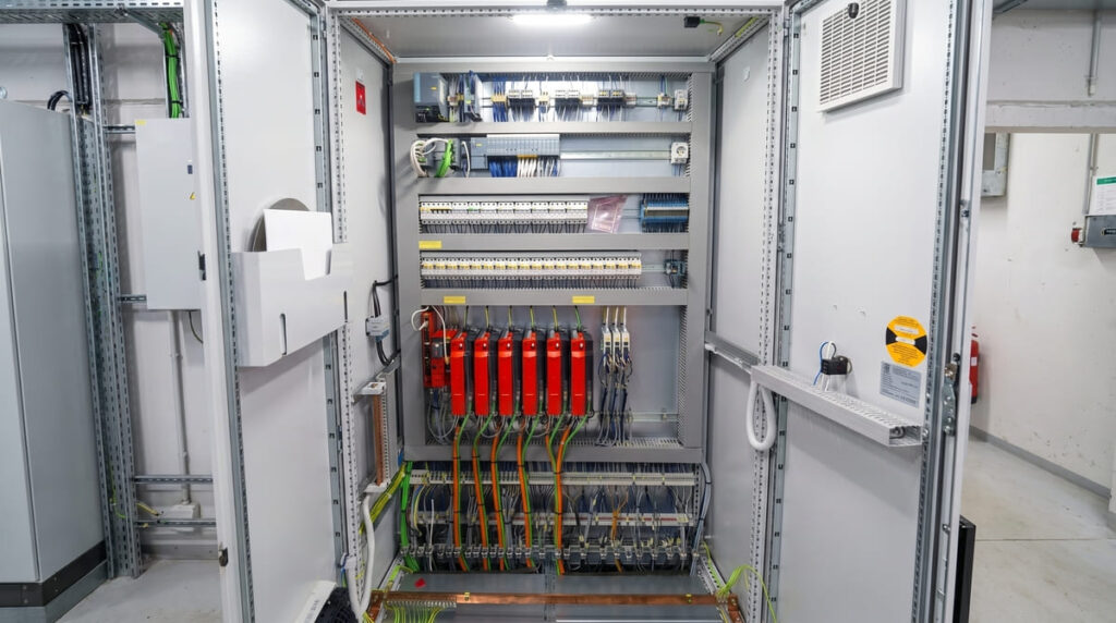 Geöffneter Schaltschrank einer automatisierten Montageanlage