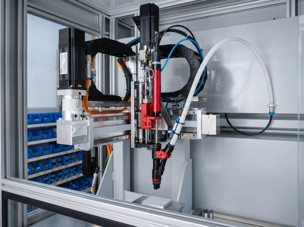 Automatisierte Schraubstation mit Schraubspindel und Bauteilzuführung